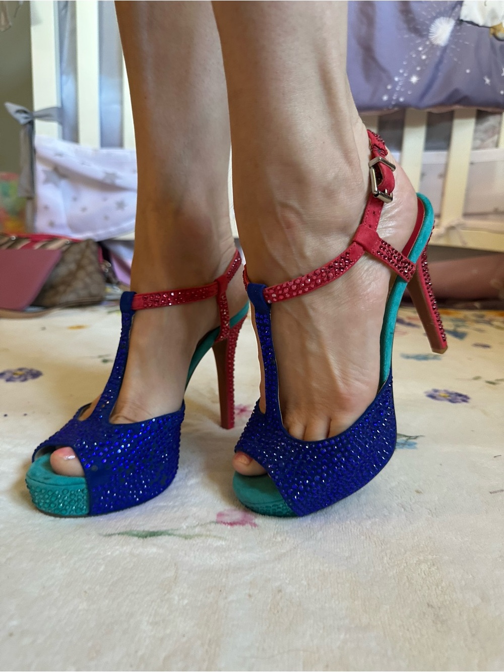 Gianni Bini Blue Teal Pink Crystal T-Strap High Heels